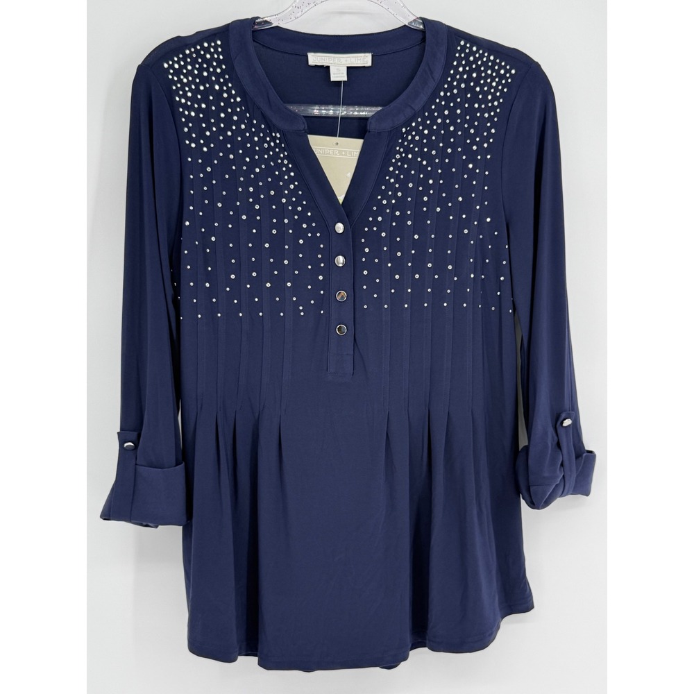 Juniper + Lime Navy Blue Rhinestone Pleated Roll Tab Sleeve Blouse Sz S NWT